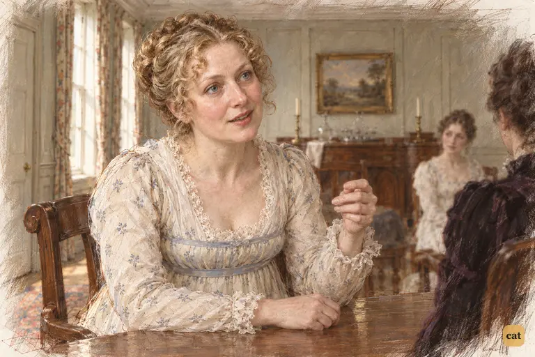 Mrs. Bennet eagerly offers family news to Lady Catherine, flattered by her rank