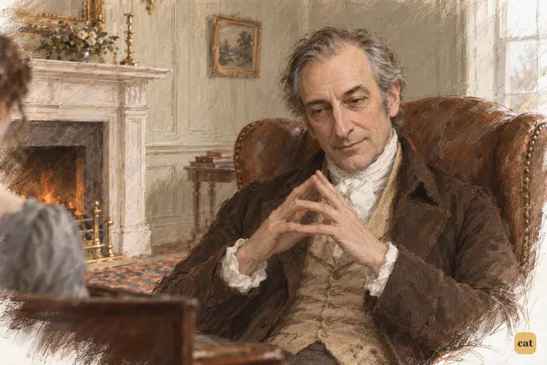 Mr. Bennet delivers his courteous retort with lowered eyes and still, steepled fingertips.