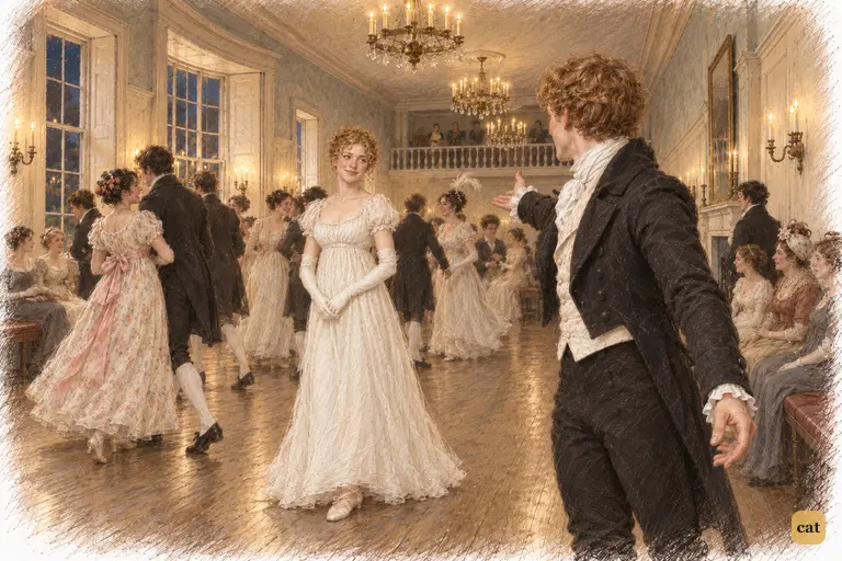 Bingley sweeps his hand toward the glowing line of dancers.