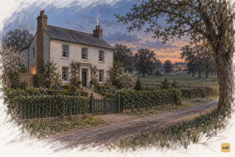 Hunsford Parsonage at dusk, one candlelit window facing the many golden windows of Rosings