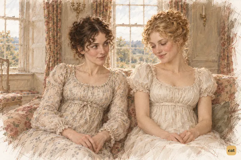 Elizabeth catches Jane’s eye as Mr. Collins’s unfinished gallantry gives way to a private smile.