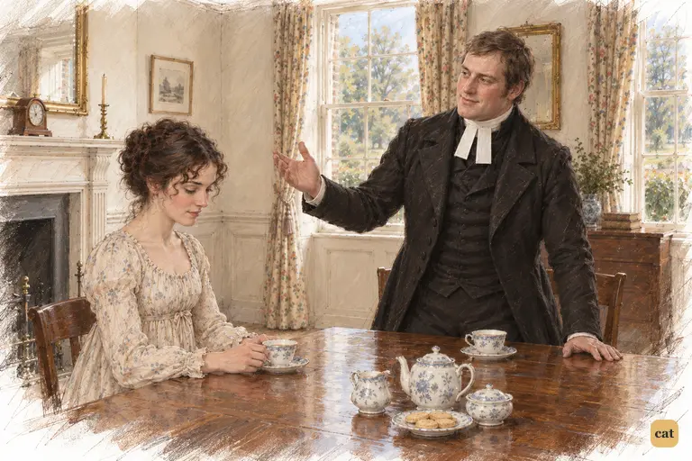 Mr. Collins lifts his chin in solemn pride at his connection with Lady Catherine