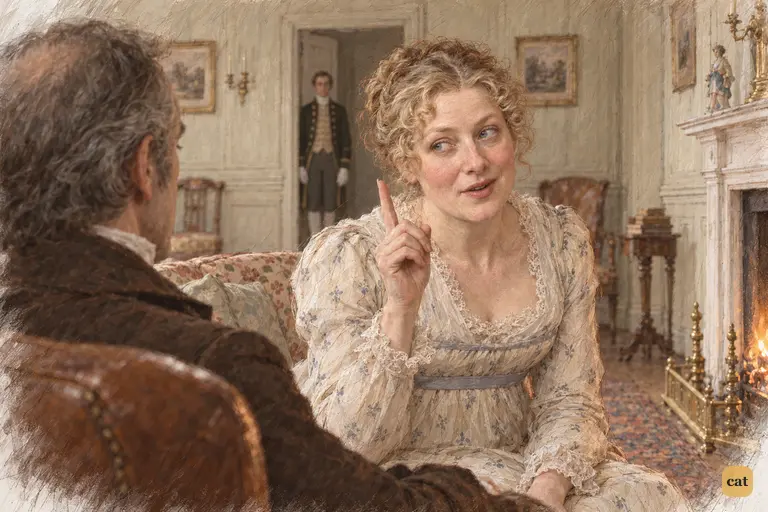Mrs. Bennet recommends horseback, glancing toward the threatening sky as her scheme takes shape.