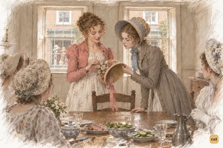 Lydia idly plucks her new bonnet’s trim while mentioning the regiment’s departure.