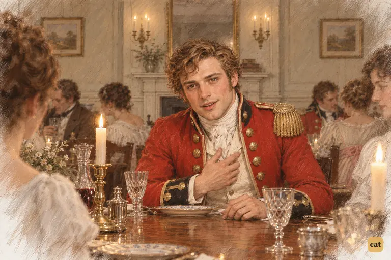 Wickham resumes his gentle insinuations at dinner with a practiced smile for Elizabeth