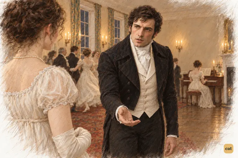 Darcy bows earnestly to request Elizabeth’s hand for a dance.