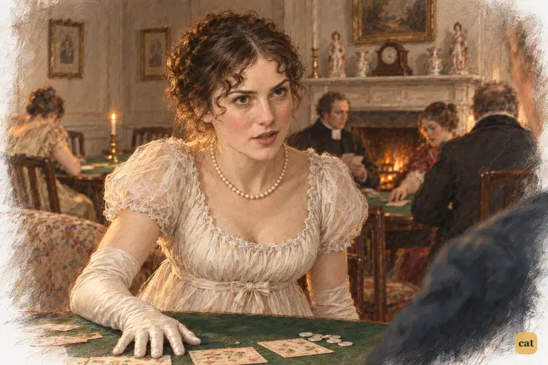 Elizabeth condemns Darcy with indignation, her palm pressed flat on the card table