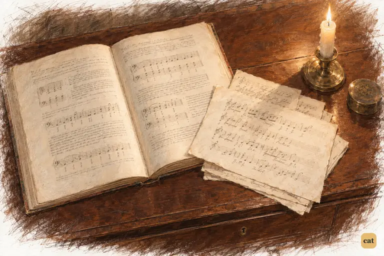 Mary’s open treatise and handwritten extracts rest on the closed pianoforte at Longbourn.