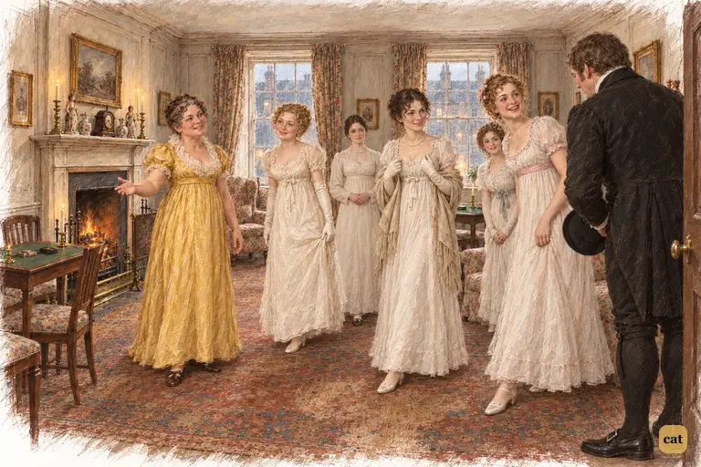 Mrs. Philips welcomes the five Bennet sisters and Mr. Collins into her candlelit drawing-room.