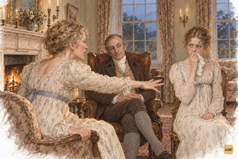 Mrs. Bennet twists round to scold Kitty for coughing.
