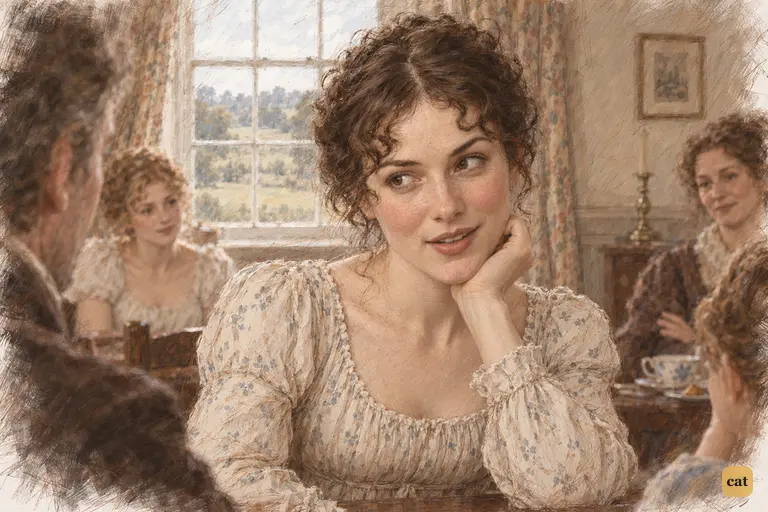 Elizabeth rests her chin on her hand and gives her father an amused, questioning glance