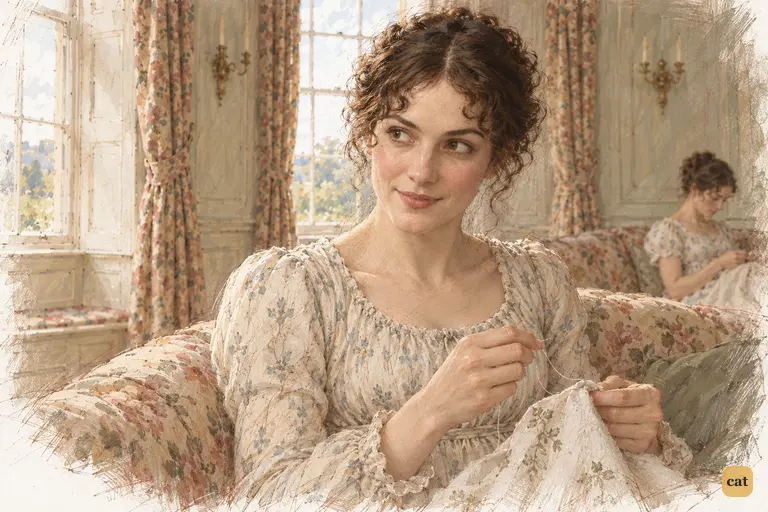 Elizabeth smiles faintly over her needlework at her younger sisters’ lamentations