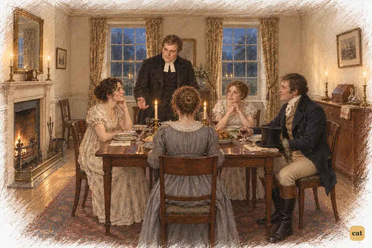 Charlotte’s orderly dining-parlour gathers the five diners in warm candlelight.