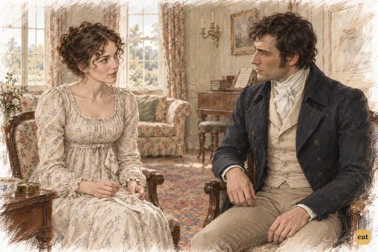 Elizabeth pauses her needlework to ask Darcy after Georgiana.