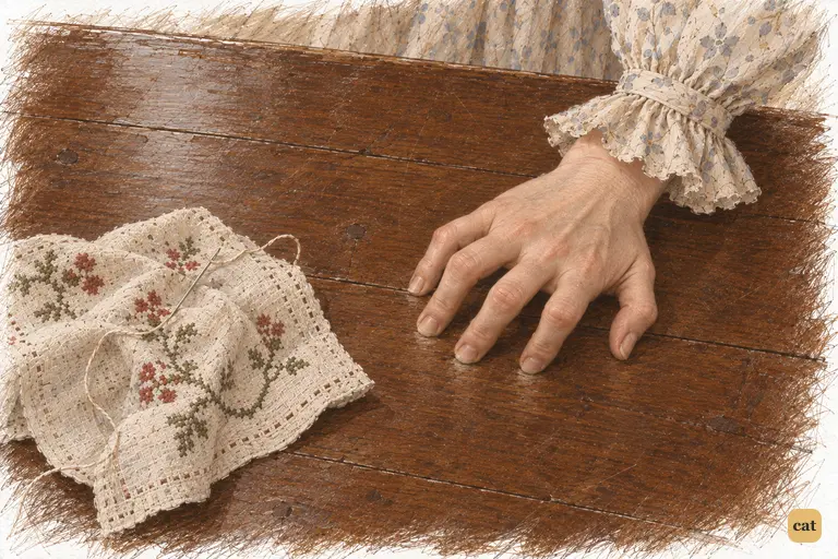 Elizabeth presses her hand on the mahogany as Collins takes her refusal as encouragement