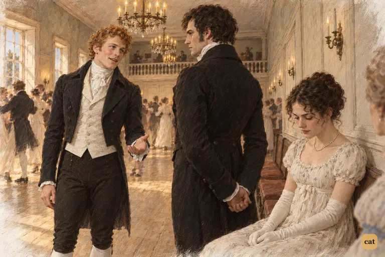 Elizabeth hears Bingley recommend her to Darcy from a pace away.