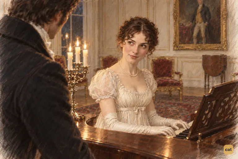 Elizabeth looks up from the piano-forte with an arch smile, playfully defying Darcy