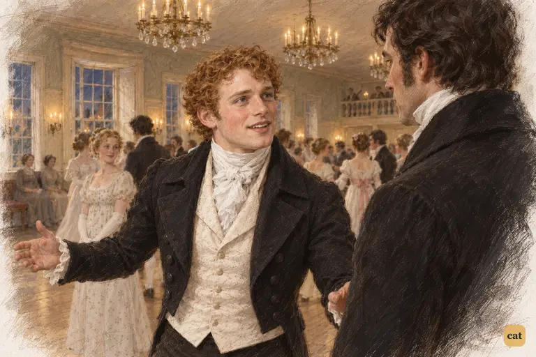 Bingley steps out of the dance to coax Darcy onto the floor.