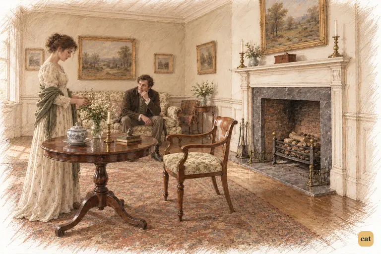 A vacant armchair faces the familiar table at Longbourn.