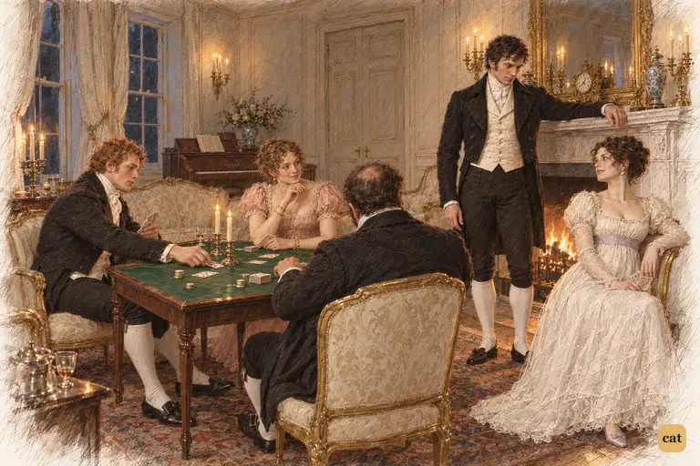 Caroline turns from the cards to confide her sly judgment of Elizabeth to Darcy.