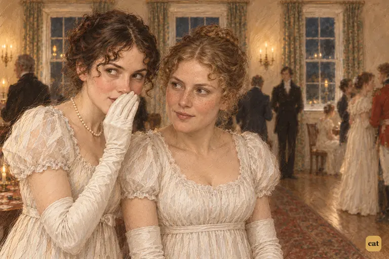 Elizabeth whispers to Charlotte, glancing at Darcy watching from the far wall