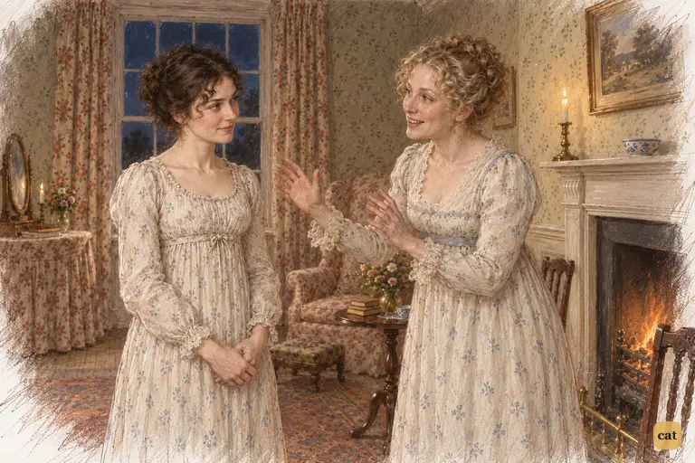 Mrs. Bennet reaches eagerly toward Elizabeth as astonishment gives way to overflowing delight.
