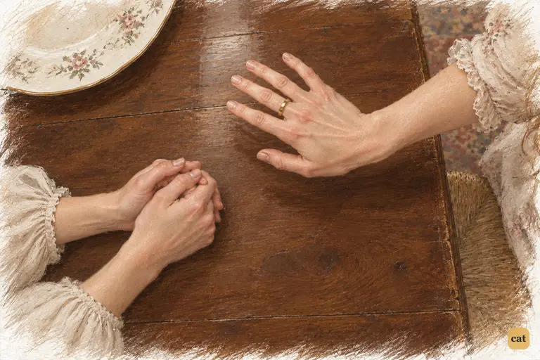 Lydia displays her wedding ring while Jane presses her hands together at the table
