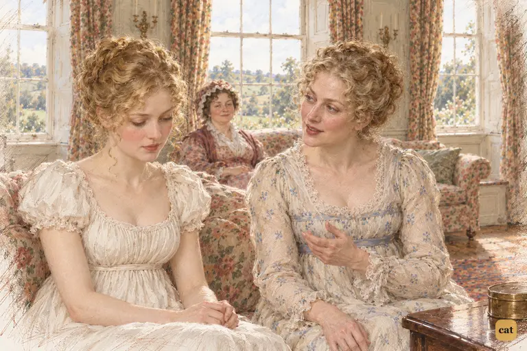 Mrs. Bennet turns her renewed matrimonial hopes toward Jane with a bright, pointed smile.