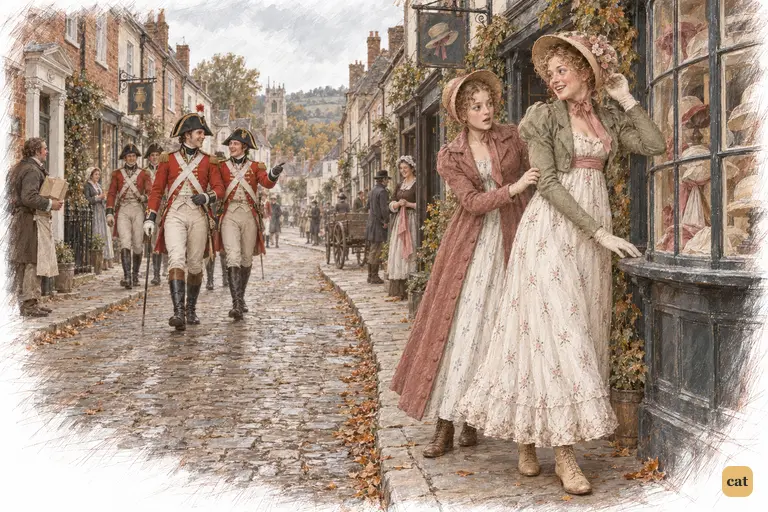 Lydia and Kitty pause by the milliner's window as militia officers approach