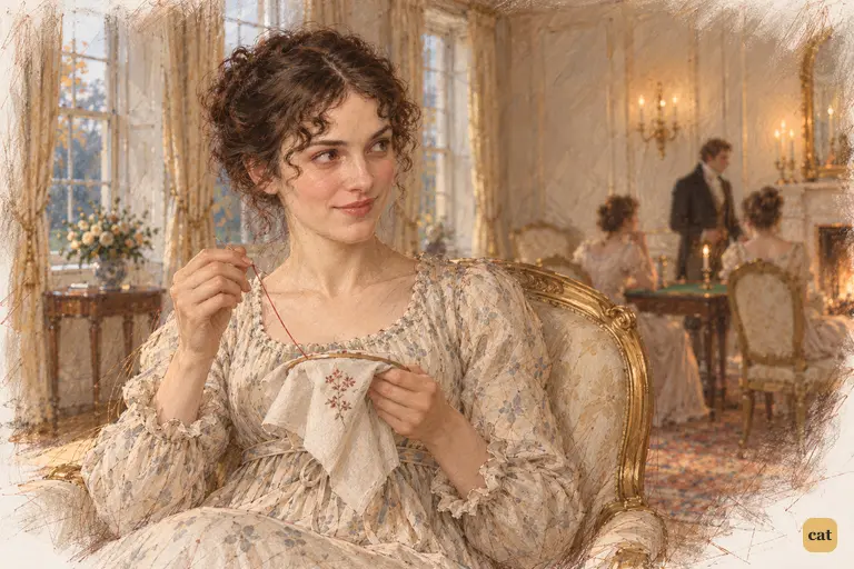 Elizabeth pauses over her needlework, quietly delighted by Bingley’s attention to Jane.