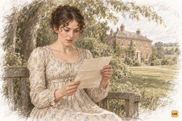 On the copse bench, Elizabeth reads Mrs. Gardiner's letter about Darcy's responsibility