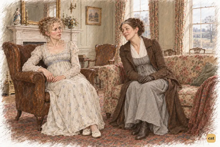 Lady Lucas leans forward to celebrate Charlotte's engagement, her smile edged with triumph