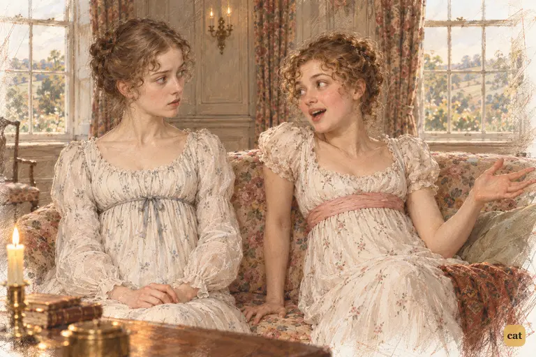 Kitty stares in astonishment as Lydia exclaims at Mr. Collins refusing to read novels