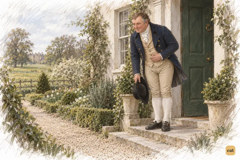 Sir William turns the modest doorway of Hunsford Parsonage into a stage for his repeated homage.