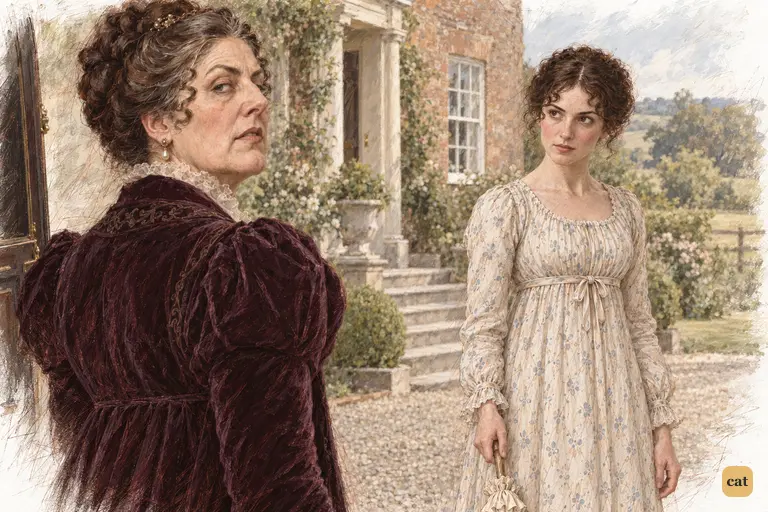 Lady Catherine turns back at the chaise door to deliver her final rebuke.
