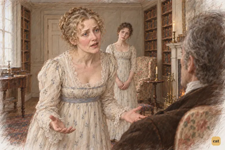 Mrs. Bennet opens her hands in wounded protest, appealing to her husband's promise