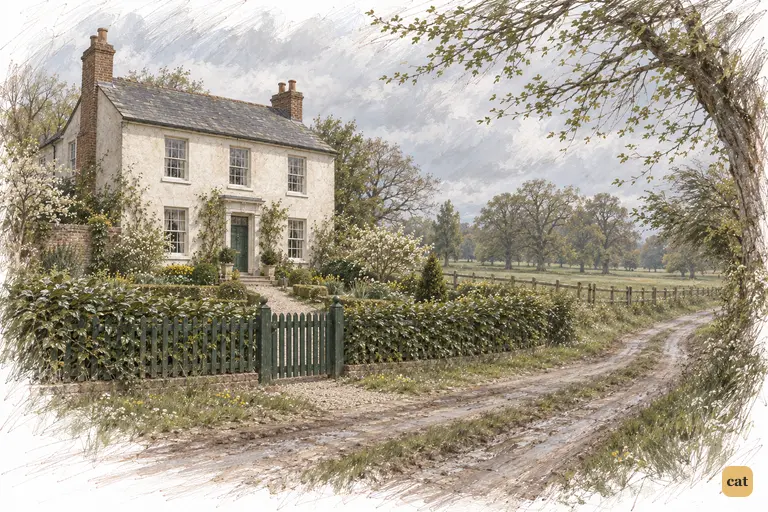The visitors have gone in, leaving Hunsford Parsonage's closed gate and lane to the wind