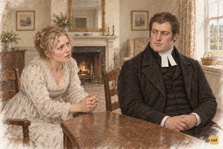 Mrs. Bennet reaches toward Mr. Collins with a doleful appeal.