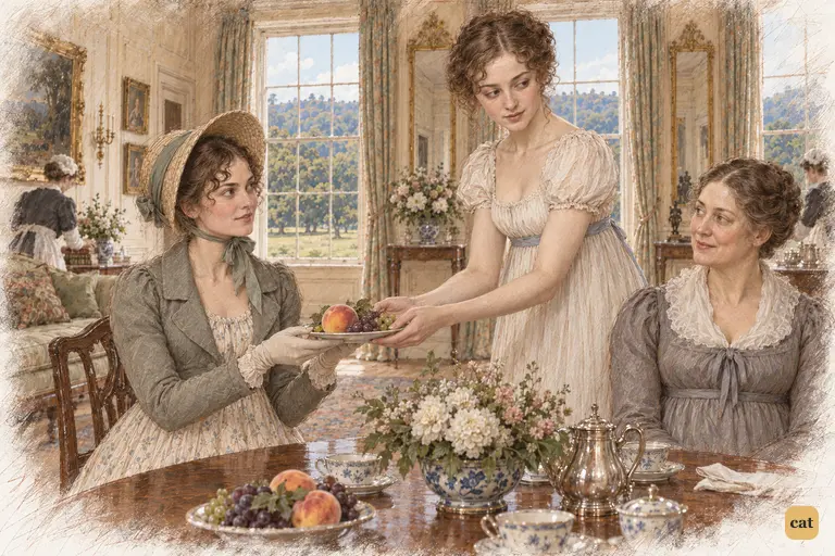 Georgiana offers Elizabeth fruit, seeking Mrs. Annesley’s quiet approval.