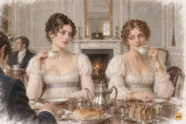 Caroline Bingley and Louisa Hurst exchange a contemptuous look over breakfast