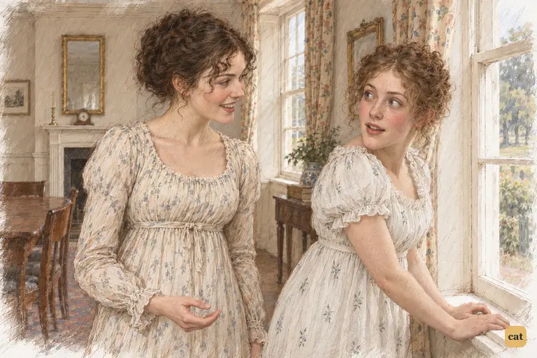 Elizabeth laughs at Maria’s breathless excitement over the visitors at the gate.