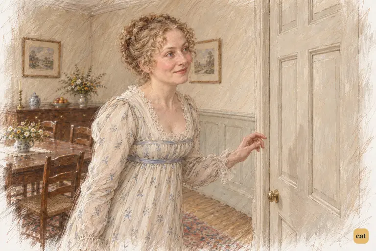 Mrs. Bennet turns towards the breakfast-room door with a broadening smile