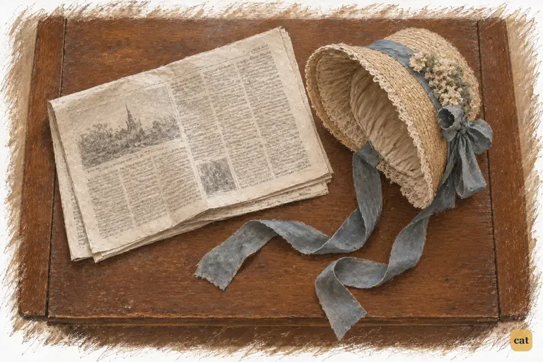 Darcy’s half-folded newspaper lies beside Charlotte’s freshly laid-down bonnet.