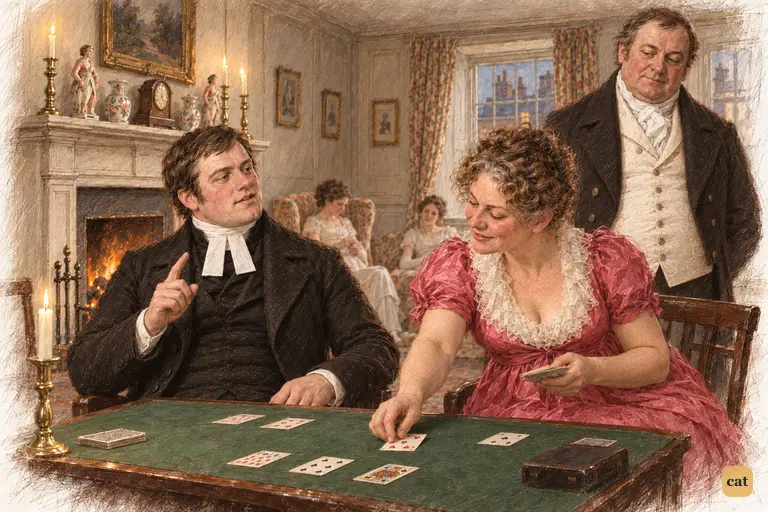 Collins begins a solemn explanation as he settles at the whist table.