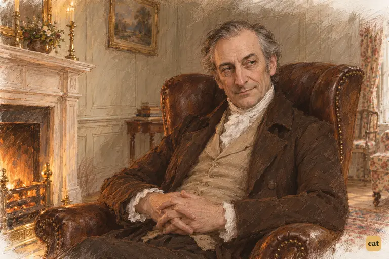 Mr. Bennet sits beside the evening fire, keeping his visit to Mr. Bingley to himself.