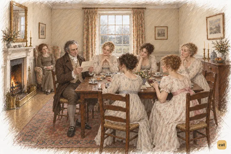 Mr. Bennet begins Mr. Collins’s letter, gathering his family into an attentive hush.