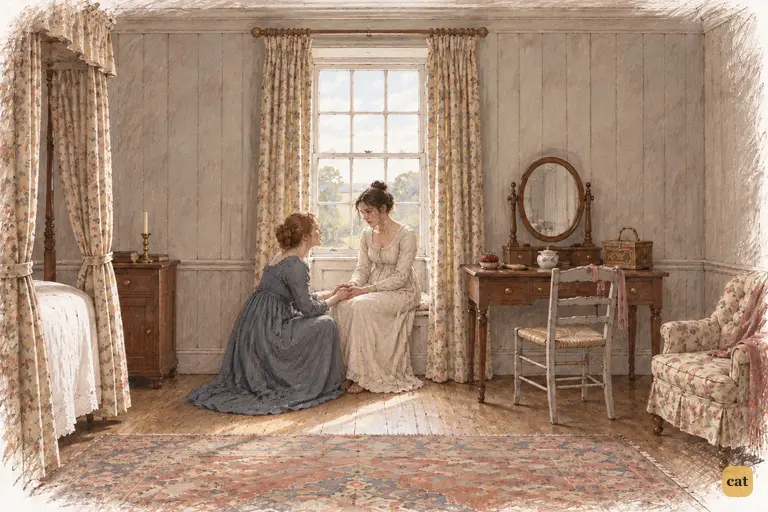 An empty window seat in the Bennet sisters' bedroom
