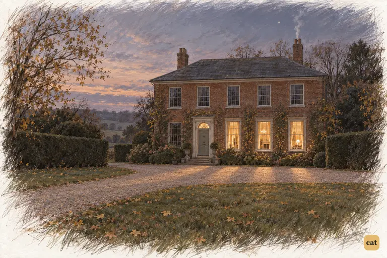 Longbourn stands quietly at autumn dusk, its three drawing-room windows glowing across the gravel.