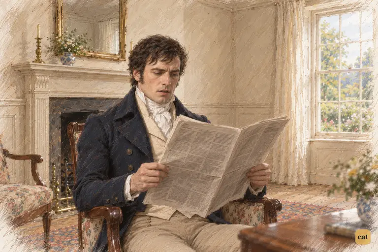 Darcy draws back beside the cold hearth and raises the newspaper between himself and Elizabeth.