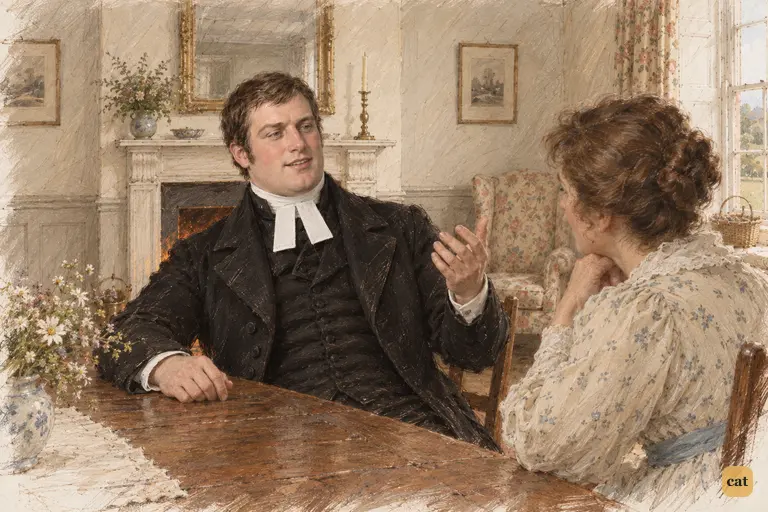 Mr. Collins serenely explains Elizabeth’s refusal as proof of her modesty.
